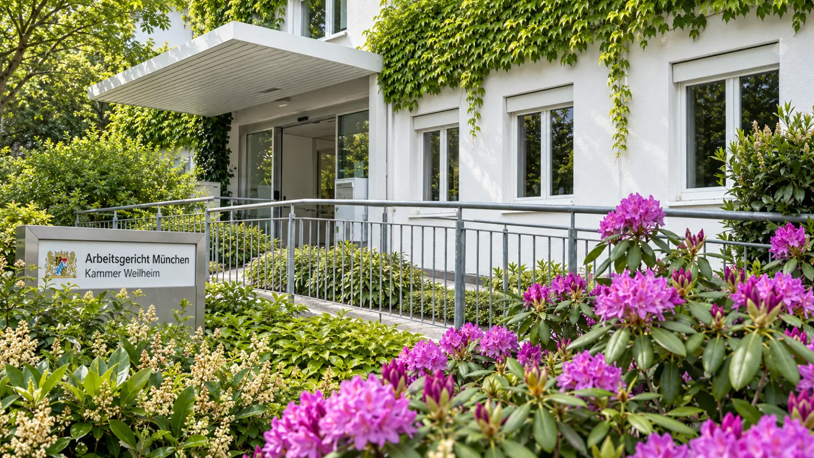 Eingang des Arbeitsgerichts München, Kammer Weilheim, mit Schild, Vordach und blühenden Rhododendren