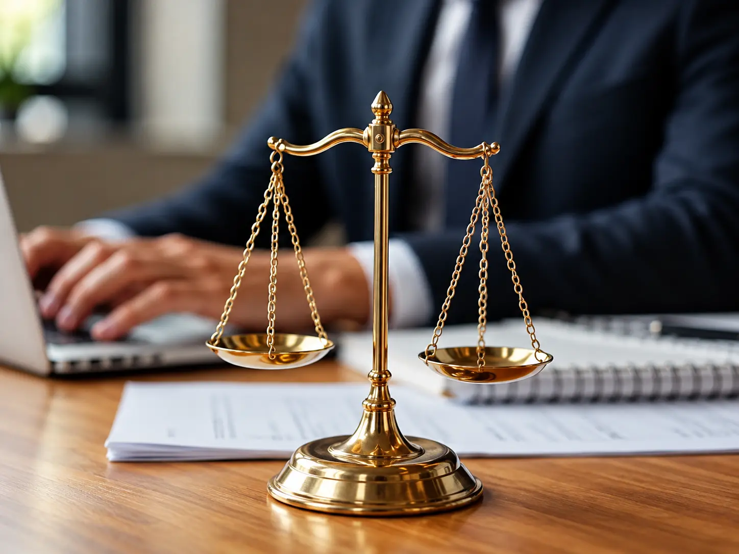 Goldene Justizwaage auf einem Holzschreibtisch neben Unterlagen, dahinter Hände auf der Tastatur eines Laptops