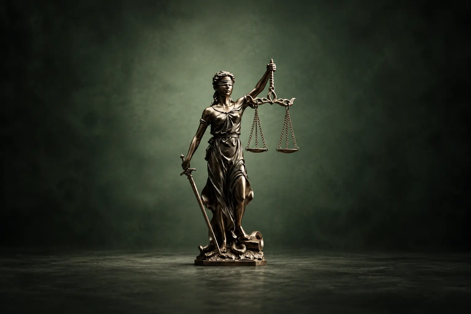 Bronzefigur der Justitia mit Augenbinde, Waage und Schwert vor dunkelgrünem Hintergrund