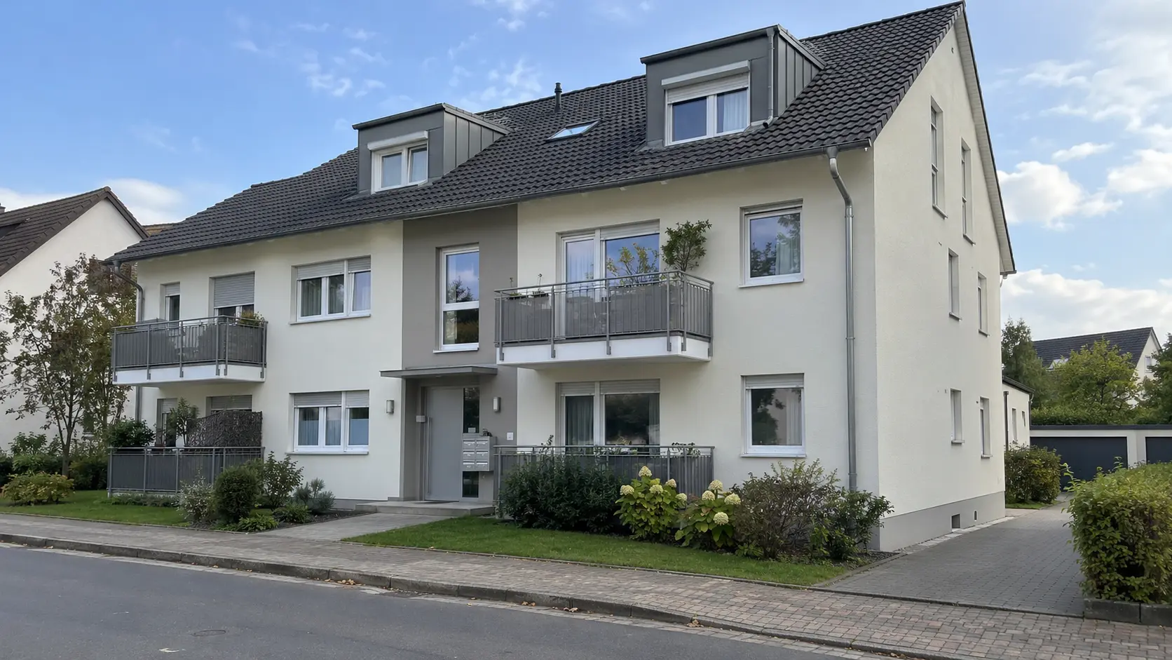 Helles Mehrfamilienhaus mit Gauben, Balkonen und Vorgarten an einer ruhigen Wohnstraße