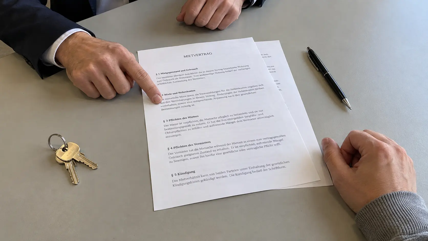 Beratung am Tisch: eine Hand zeigt im Mietvertrag auf den Abschnitt zu Miete und Nebenkosten, daneben Schlüsselbund und Kugelschreiber