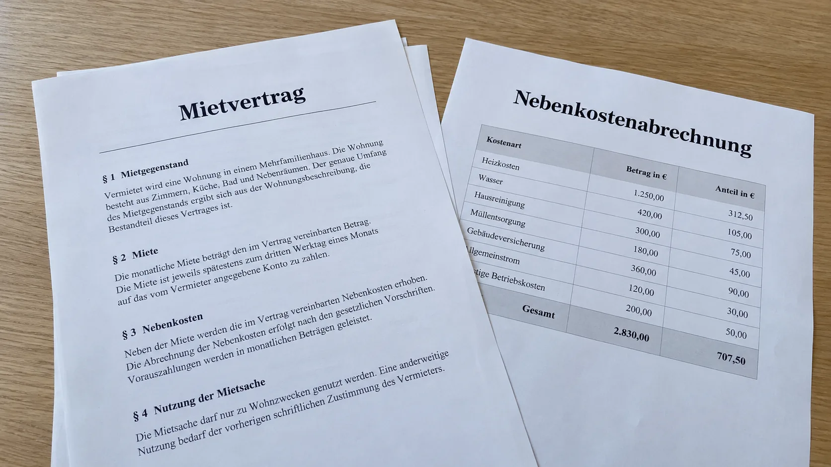 Mietvertrag und Nebenkostenabrechnung mit Aufstellung der Kosten auf einem Holztisch