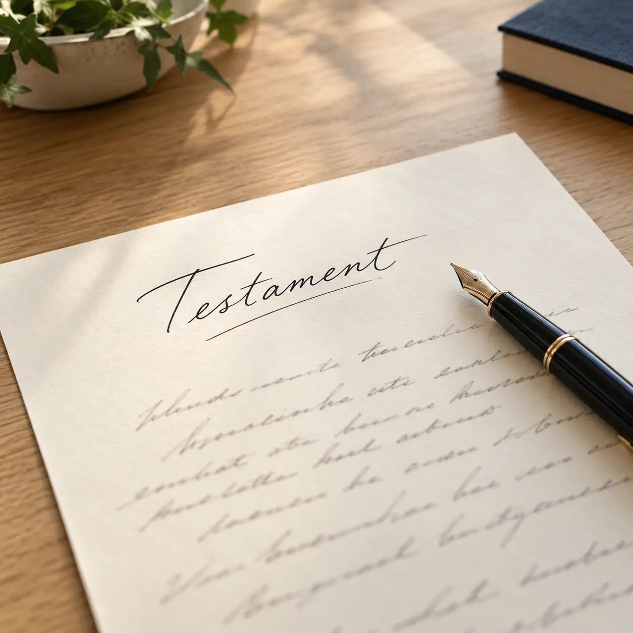 Handschriftliches Testament auf hellem Papier, daneben ein Füllfederhalter auf einem Holztisch